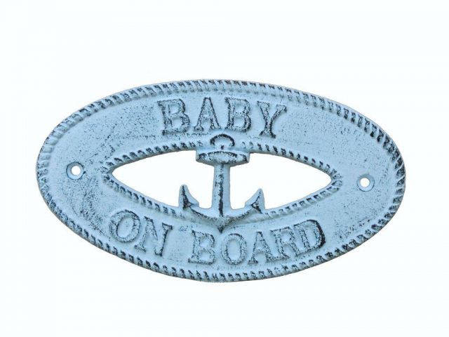 Wholesale Dark Blue Whitewashed Cast Iron Baby on Board with Anchor Sign  8in - Hampton Nautical