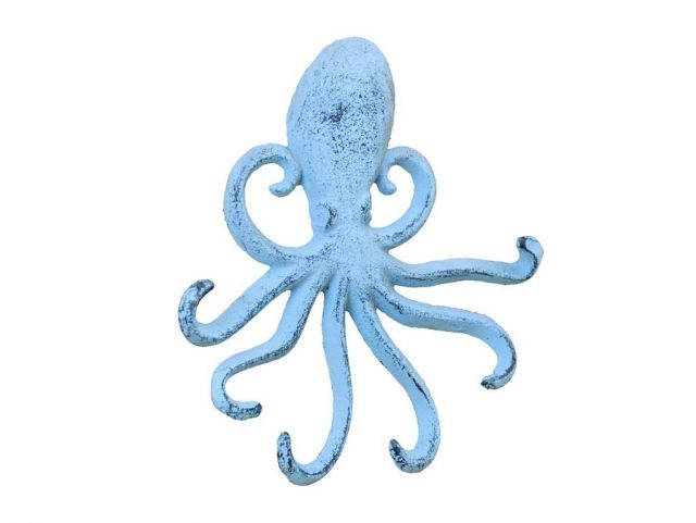 Wholesale Rustic Dark Blue Whitewashed Cast Iron Wall Mounted Decorative Octopus  Hooks 7in - Hampton Nautical