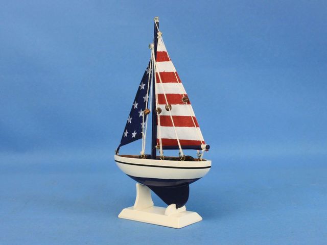 USA Flag Sailer 9" - Wood Sailboat Centerpiece - Scale 