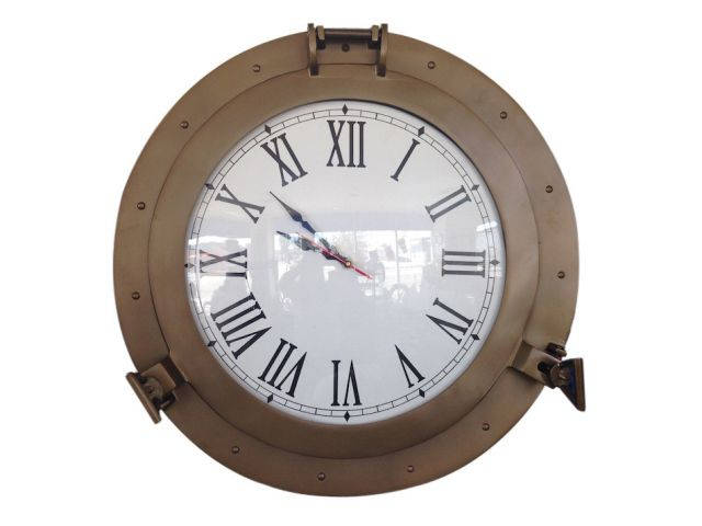 12 in. Deluxe Class Wood & Antique Brass Ship Steering Wheel Clock 