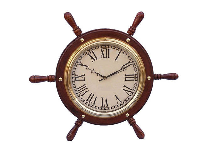Wooden Ship Wheel Clock with Ship