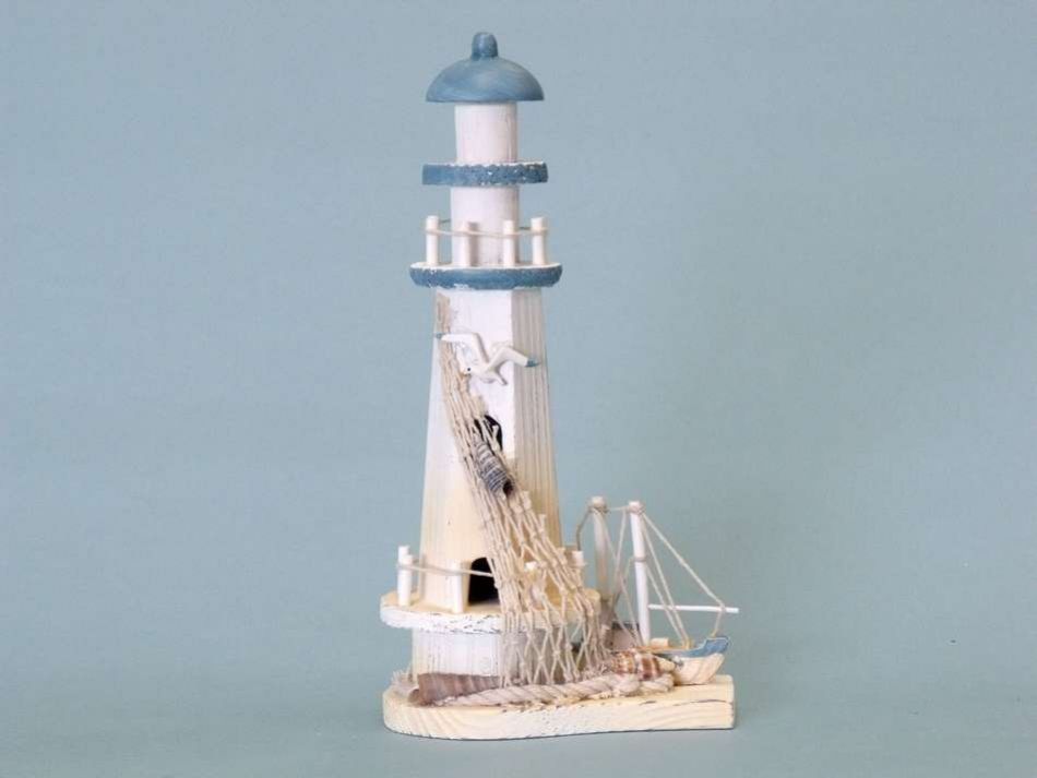 Buy Blue Wooden Lighthouse and Boat 12in - Model Ships